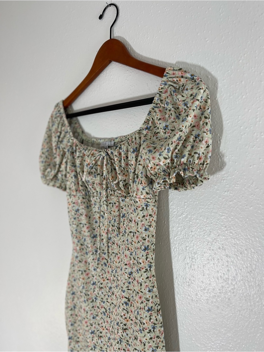 iris Floral Puff-Sleeve Milkmaid Mini Dress with Blue & Pink Accents